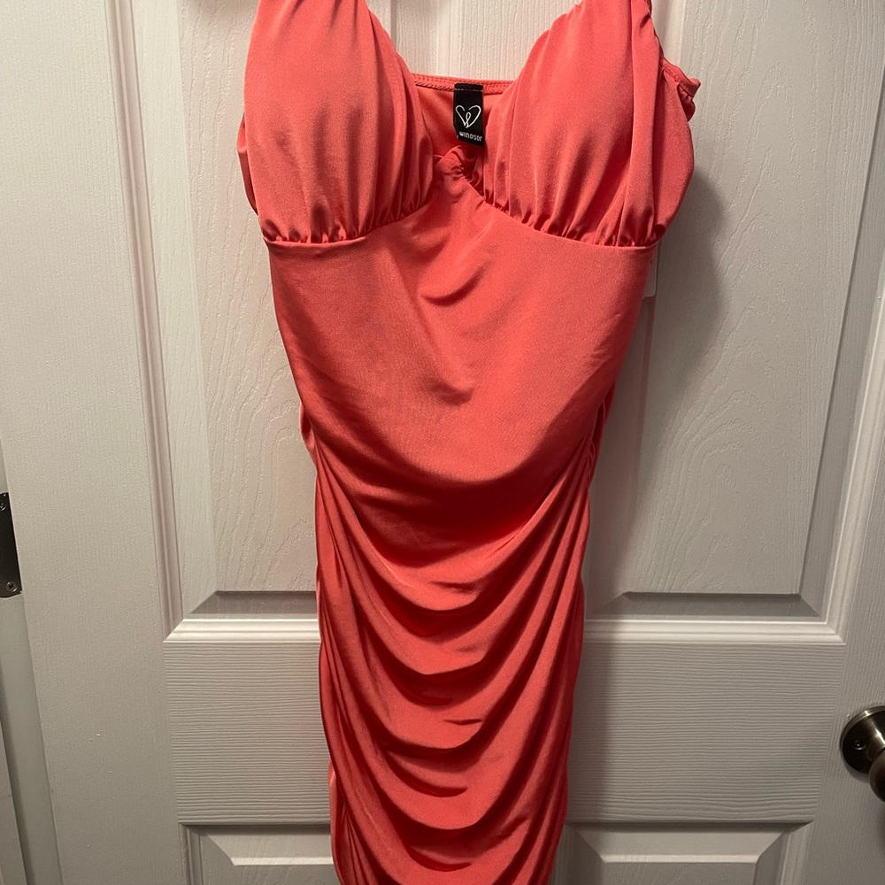 Coral ruched mini dress